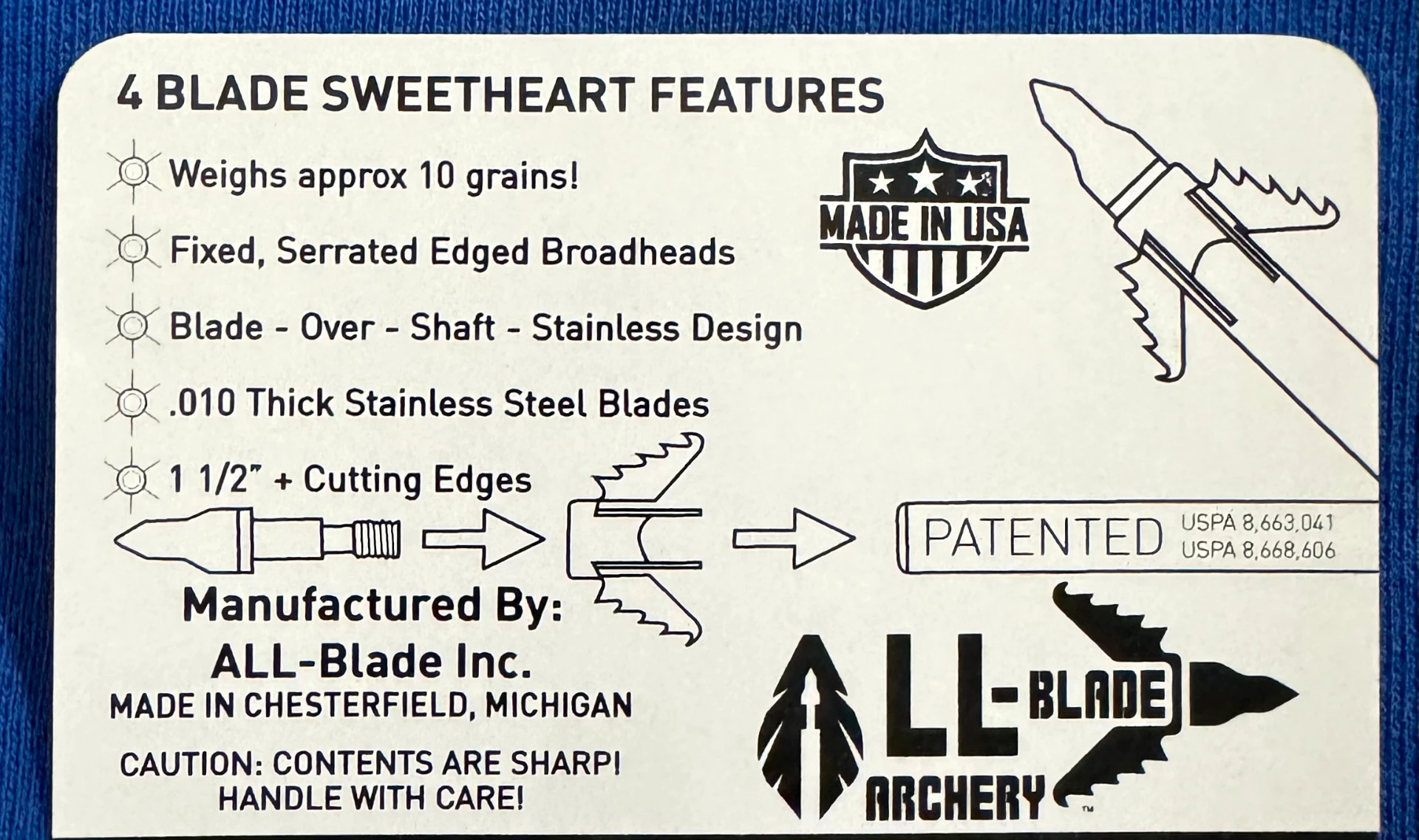 All-Blade 4 blade broadhead archery arrow point technical specifications and packaging